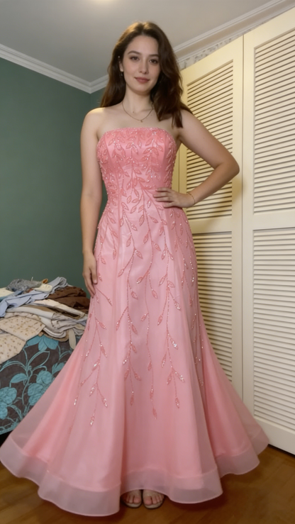 Pretty Strapless Pink Tulle Beaded Mermaid Long Party Dress 20th Birthday Dress SP2052