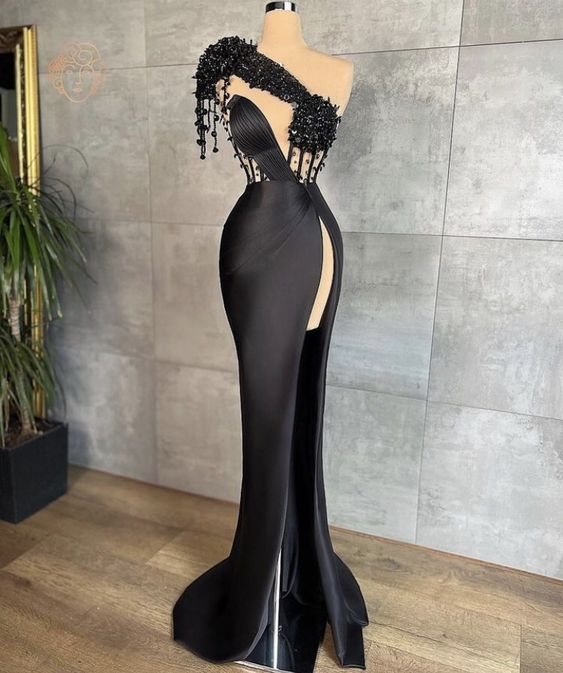 Black Evening Dresses,One Shoulder Evening Dresses, Black Prom Dresses Y6674