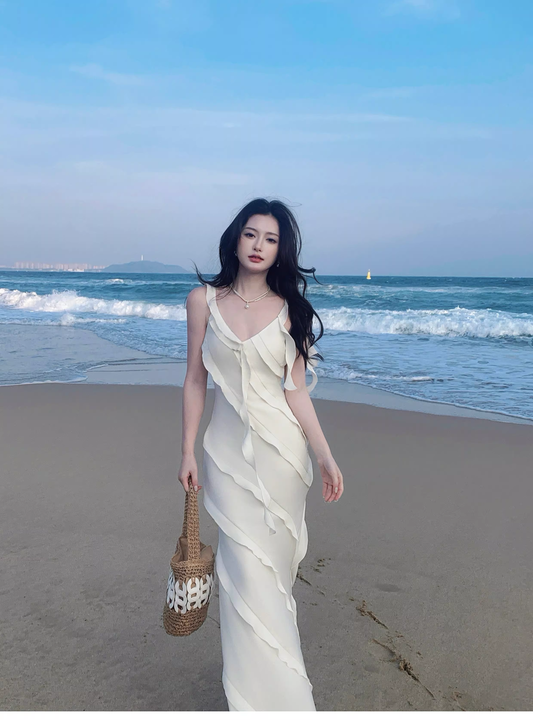 Classy V Neck White Satin Ruffles Mermaid Long Party Dress Formal Wedding Guest Dress SP1974