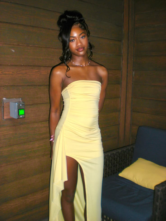Fashion Strapless Yellow Satin Slit Mermaid Party Dress Long Wedding Guest Dress SP2532