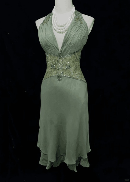 Elegant Halter V Neck Sage Green Chiffon Beaded Short Homecoming Dress Cocktail Dress SP2913