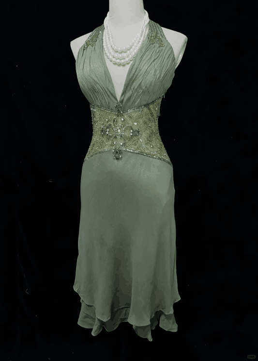 Elegant Halter V Neck Sage Green Chiffon Beaded Short Homecoming Dress Cocktail Dress SP2913