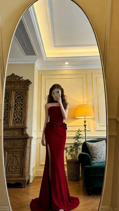 Fashion Burgundy Strapless Satin Flowers Slit Long Party Dress Formal Wedding Guest Dress SP2062
