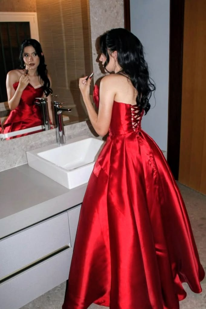 Classy Red Satin Long Party Dress Strapless Birthday Prom Dresses SP4234
