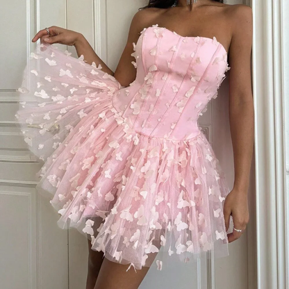 Sweet Pink Strapless Tulle Butterflies Appliques A Line Short Birthday Outfits,Formal Graduation Homecoming Dress SP2857