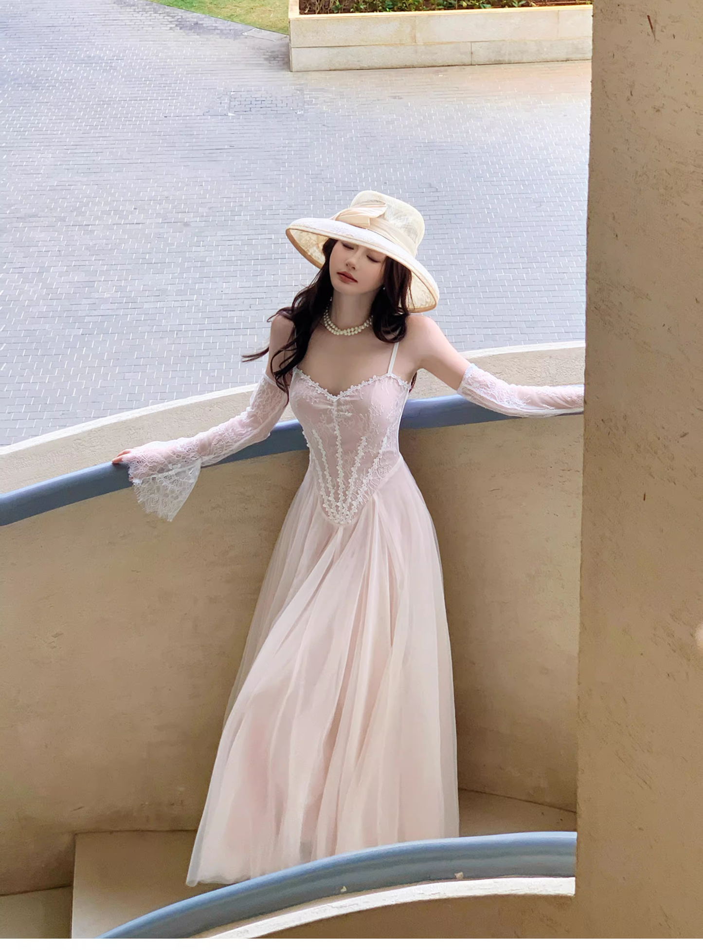 Pretty Pale Pink Spaghetti Straps Tulle Lace Appliques ALine Long Party Dress Birthday Dress SP1975