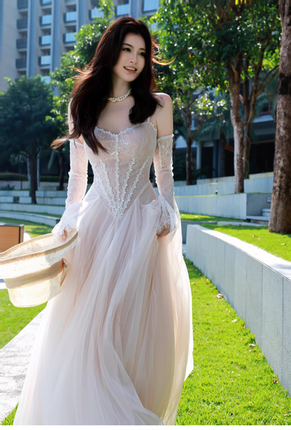 Pretty Pale Pink Spaghetti Straps Tulle Lace Appliques ALine Long Party Dress Birthday Dress SP1975