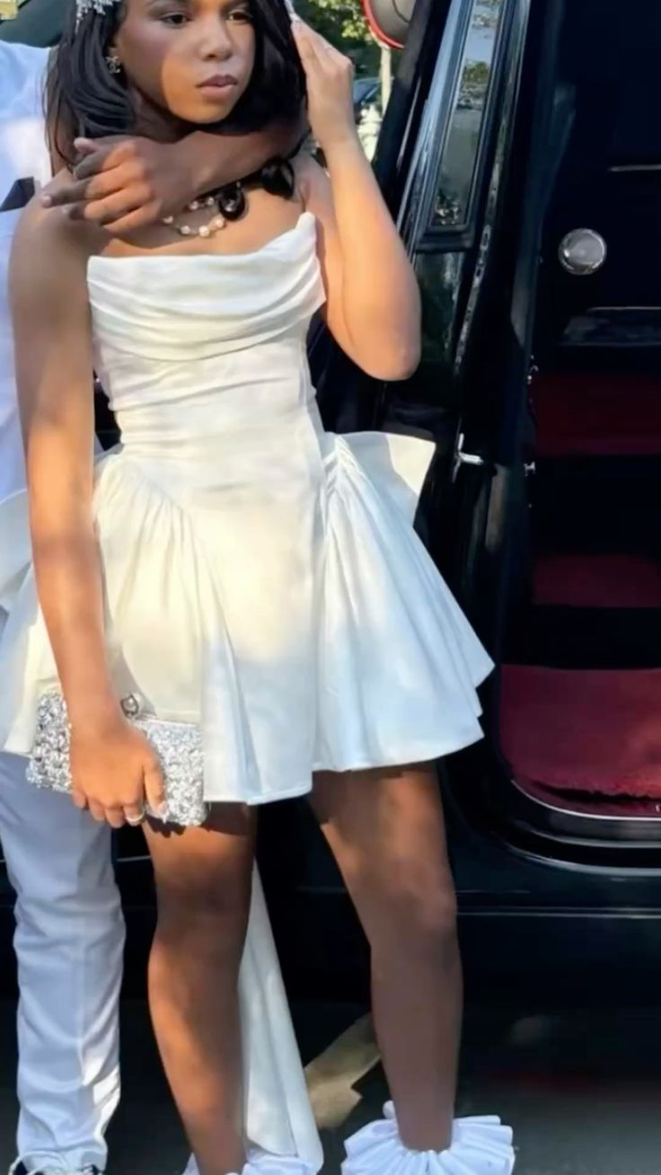 Cute Strapless White Satin A Line Short 6th Grade Homecoming Dress Cocktail Dress With Bow SP2493