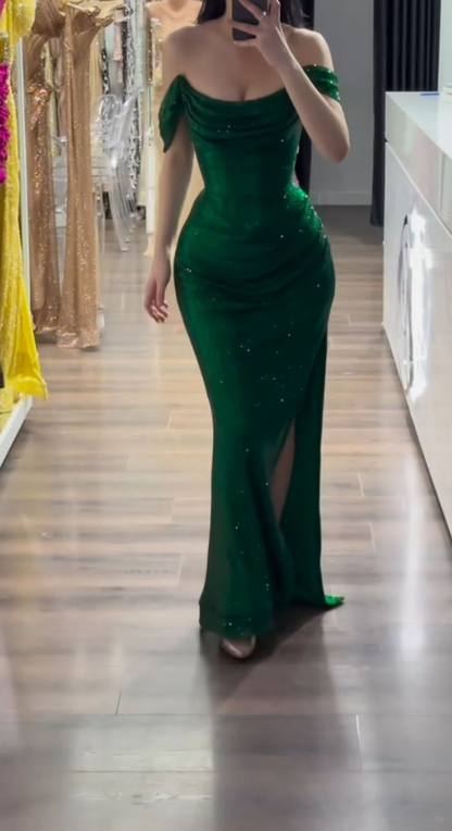 Fashion Green Sequin Pleated Mermaid Long Party Dress Off The Shoulder Birthday Prom Dress SP2167