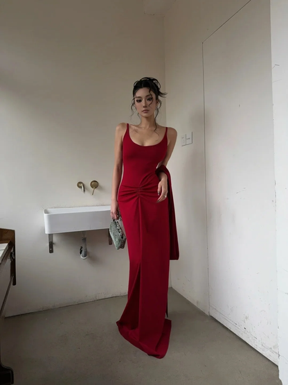Fashion Red Spaghetti Strap Satin Mermaid Long Prom Dresses 18th Birthday Party Dress With Scarf  SP3982