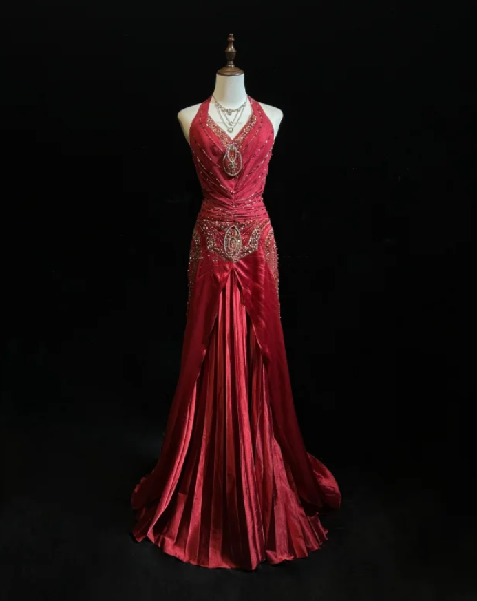 Elegant Halter V Neck Red Satin Beaded Mermaid Prom Dress Long Backless Birthday Party Gowns SP1862