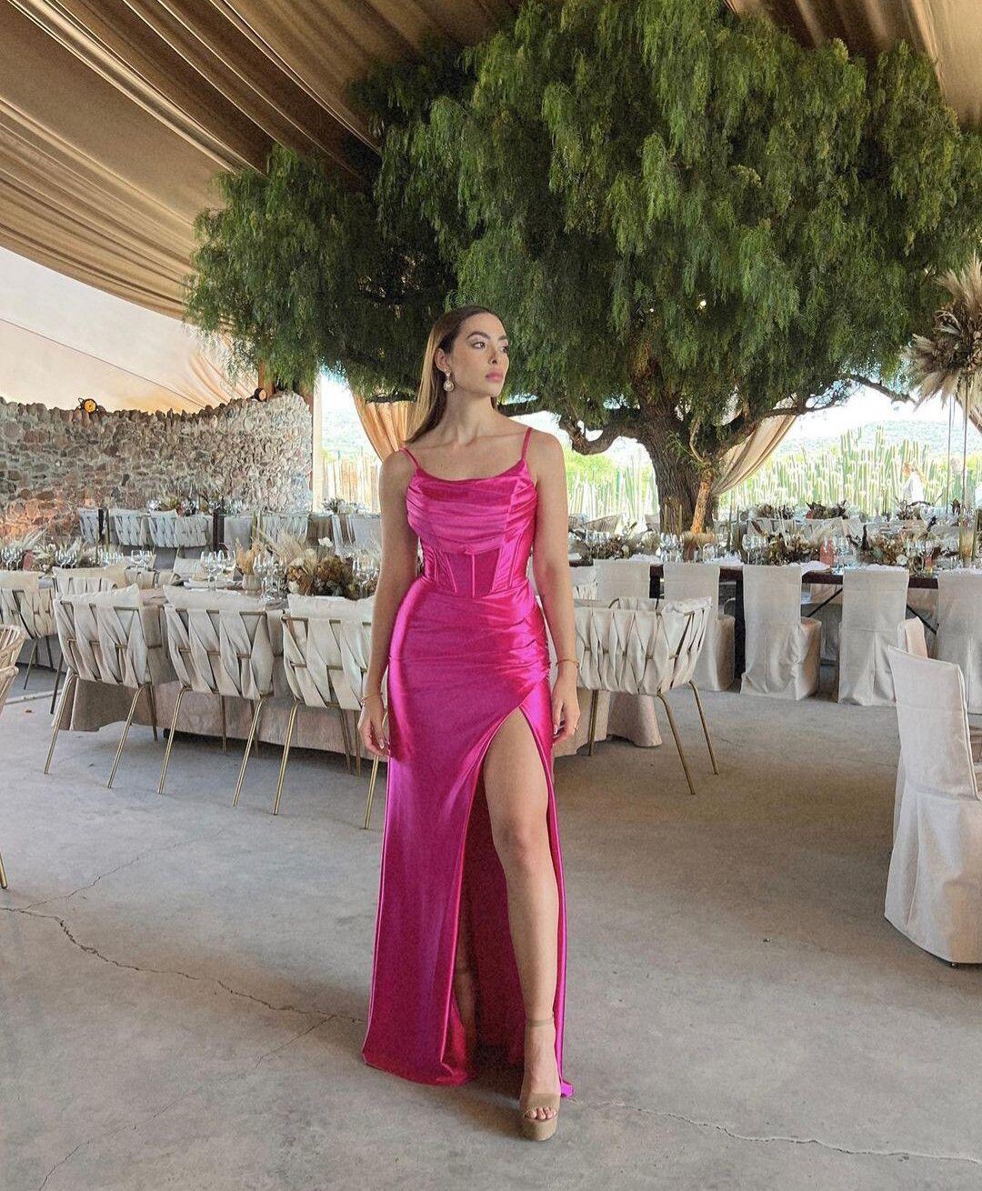 Classy Spaghetti Straps Pink Satin Slit Mermaid Long Prom Dress Evening Gown SP3768