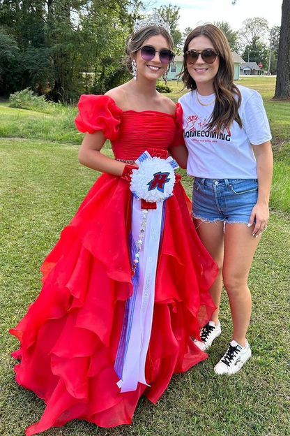 Off the Shoulder Red Balloon Sleeves Ruffle Layered Prom Dress Y5314