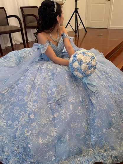 Charming Off The Shoulder Light Blue Tulle Lace Sequin Floral Quinceanera Dress Sweet 16 Dress SP4287