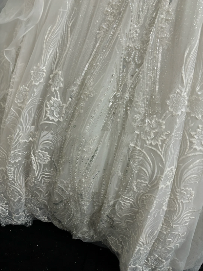 Sparkly Off The Shoulder White Tulle Lace Beaded Long Wedding Dress Bridal Gowns SP2216