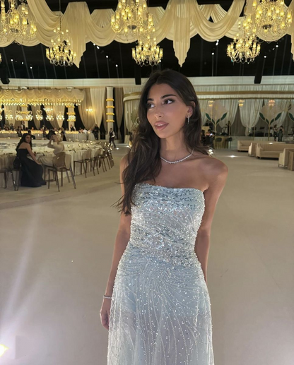 Glitter Strapless Light Blue Tulle Sequin Beaded A Line Long Evening Gown Guest Dress SP330