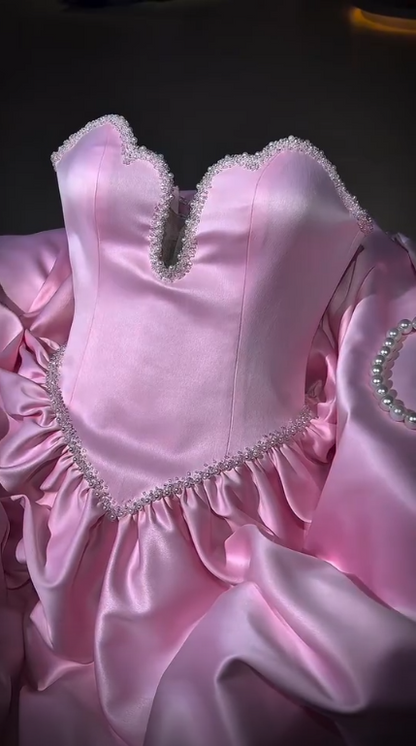 Elegant Pink Strapless Satin Beaded A Line Long Party Dress Birthday Prom Dress SP3027