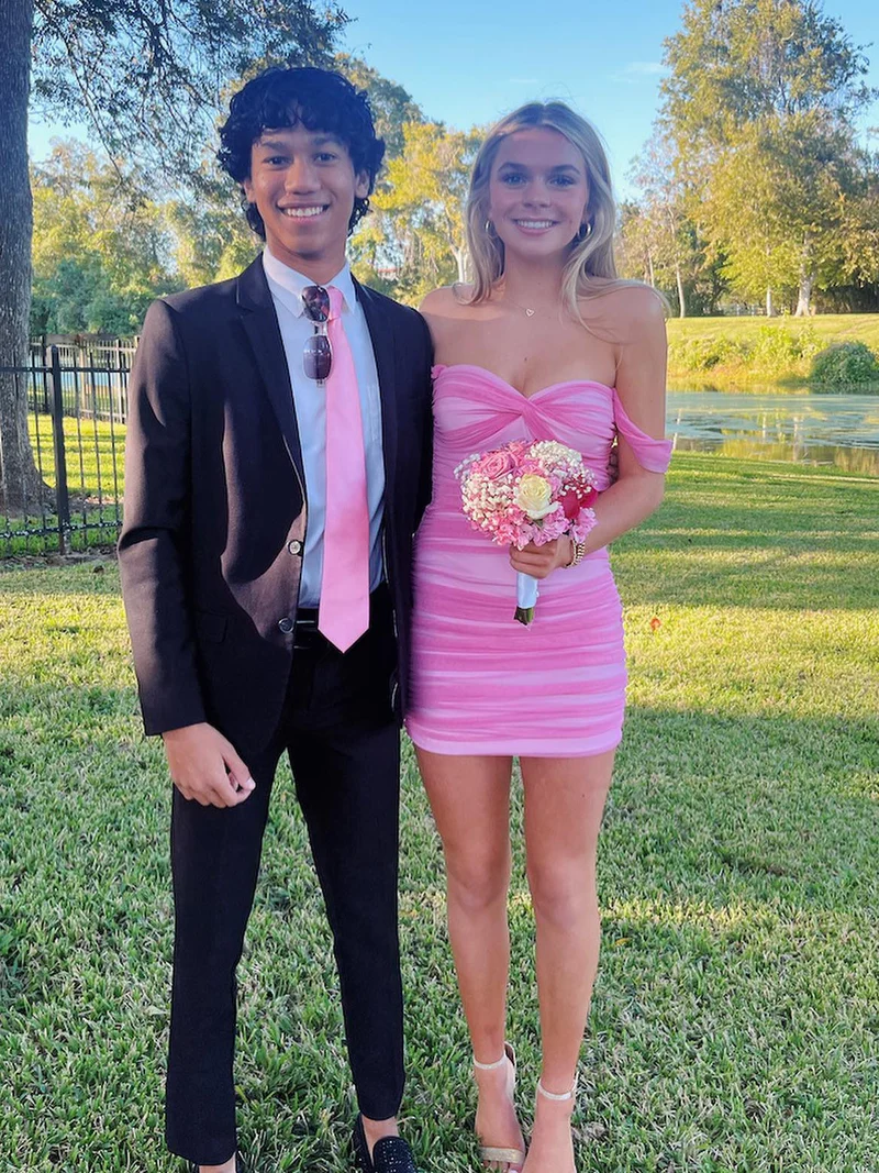 Classy Off The Shoulder Chiffon Pleated Sheath Mini Birthday Dress,Pink Short Graduation Homecoming Dress SP2873