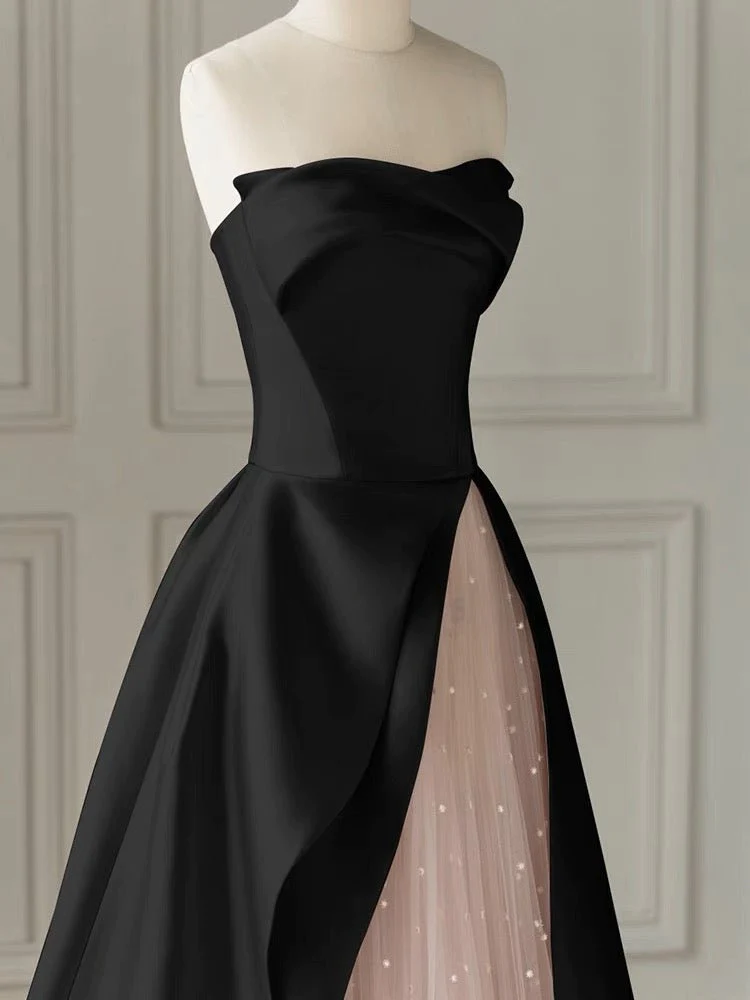 Black Strapless High-Slit Evening Dress With Gauze - Gothic Wedding Dress Y2386