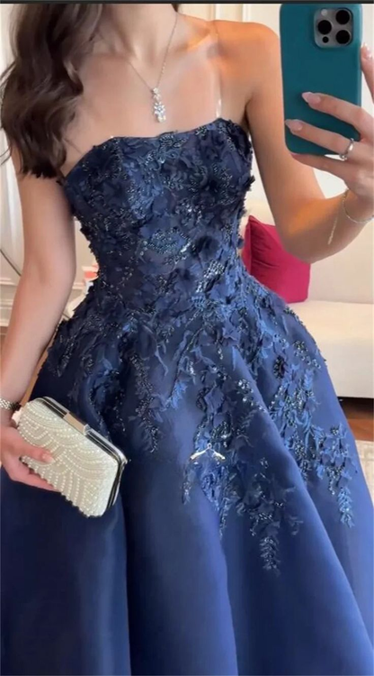 Gorgeous Navy Blue Strapless Appliques A Line Prom Dress Evening Dress Y8274