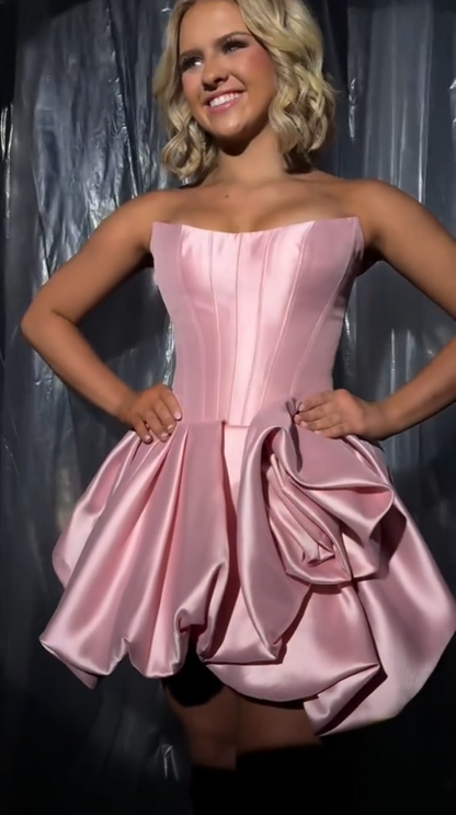 Fashion Strapless Satin Pleated A Line Short 16th Birthday Outfits,Pink Short Homecoming Dress SP3025