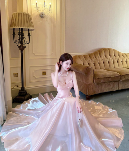 Sweet Spaghetti Straps Pink Satin Long Party Dress Birthday Dress SP1984