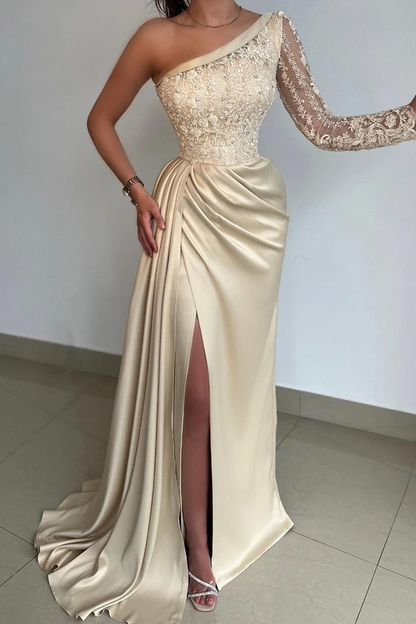 Elegant One Shoulder Lace Long Sleeve Satin Prom Dress With Slit Y6636