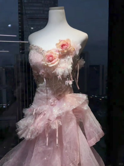 Pretty Sweetheart Neck Pink Tulle Ruffles Sequin Floral Mermaid Long Party Dress Birthday Dress SP2538
