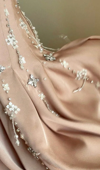Luxury nude pink satin hand-beaded diamond homecoming dress Y4542