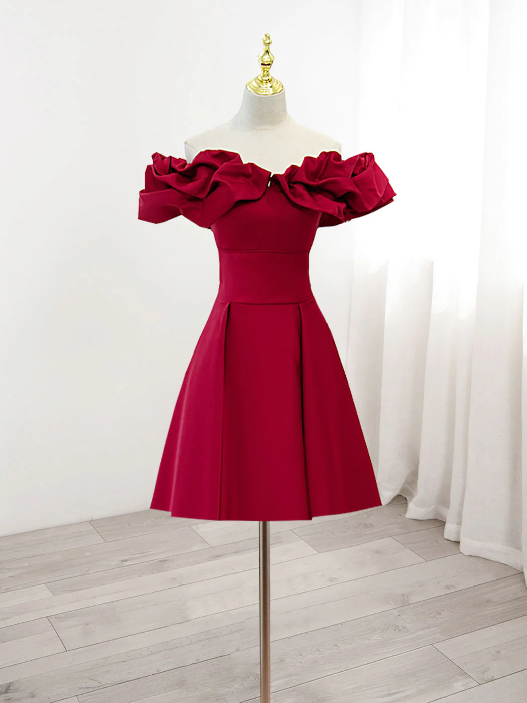 Burgundy A-Line Off Shoulder Satin Homecoming Dress ,Y2506