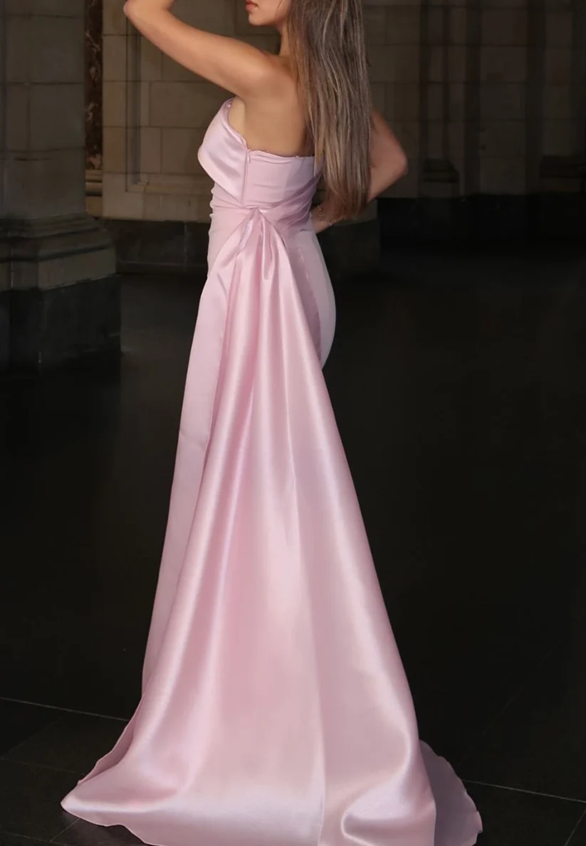 Elegant Pink Satin Mermaid Long Party Dress Strapless Birthday Prom Dress SP4199