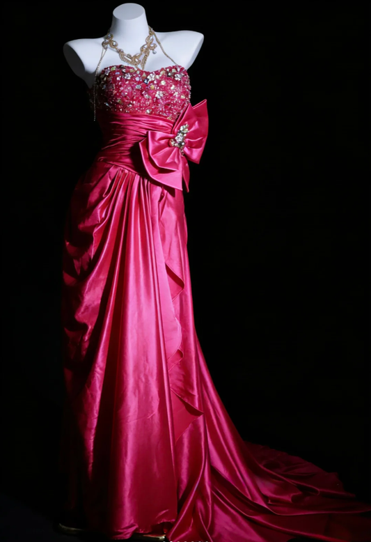 Fashion Hot Pink Satin Beaded Mermaid Long Evening Dress Formal Wedding Guest Dress With Bow SP1844