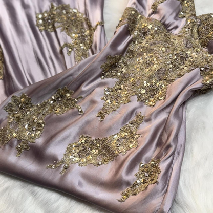Classy Spaghetti Straps Purple Satin Gold Appliques Side Slit Long Prom Dress Party Dress Y9715