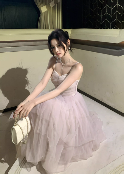 Pretty Light Lavender Spaghetti Straps Tulle Layered A Line Long Birthday Prom Dress Party Dress SP1495
