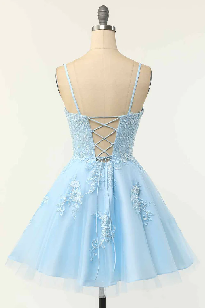 Light Blue A-line Spaghetti Straps Lace-Up Back Applique Mini Homecoming Dress ,Y2417