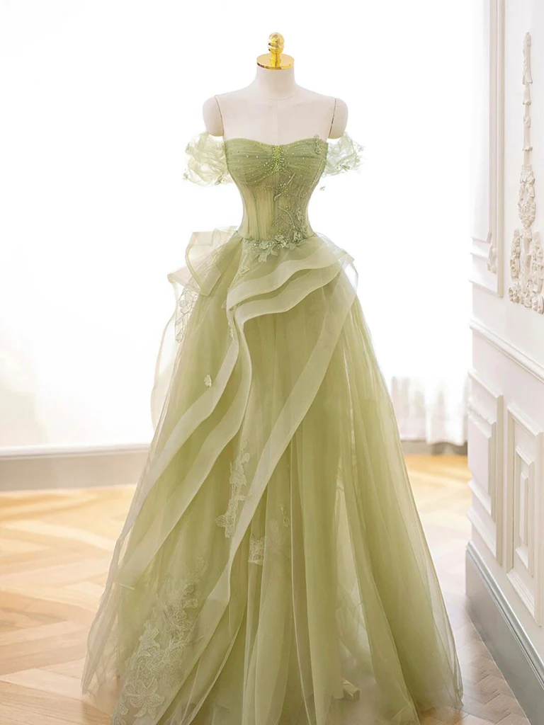 Sage Green Tulle Prom Dress,A-line Tulle Prom Gown Y2368