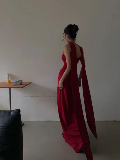 Fashion Red Spaghetti Strap Satin Mermaid Long Prom Dresses 18th Birthday Party Dress With Scarf  SP3982