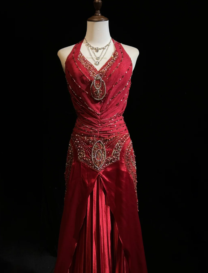 Elegant Halter V Neck Red Satin Beaded Mermaid Prom Dress Long Backless Birthday Party Gowns SP1862