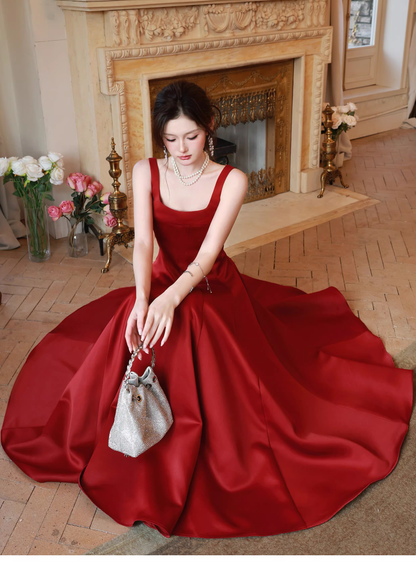 Fashion Spaghetti Strap Red Satin A Line Long Evening Dress Formal Birthday Prom Dresses SP1653