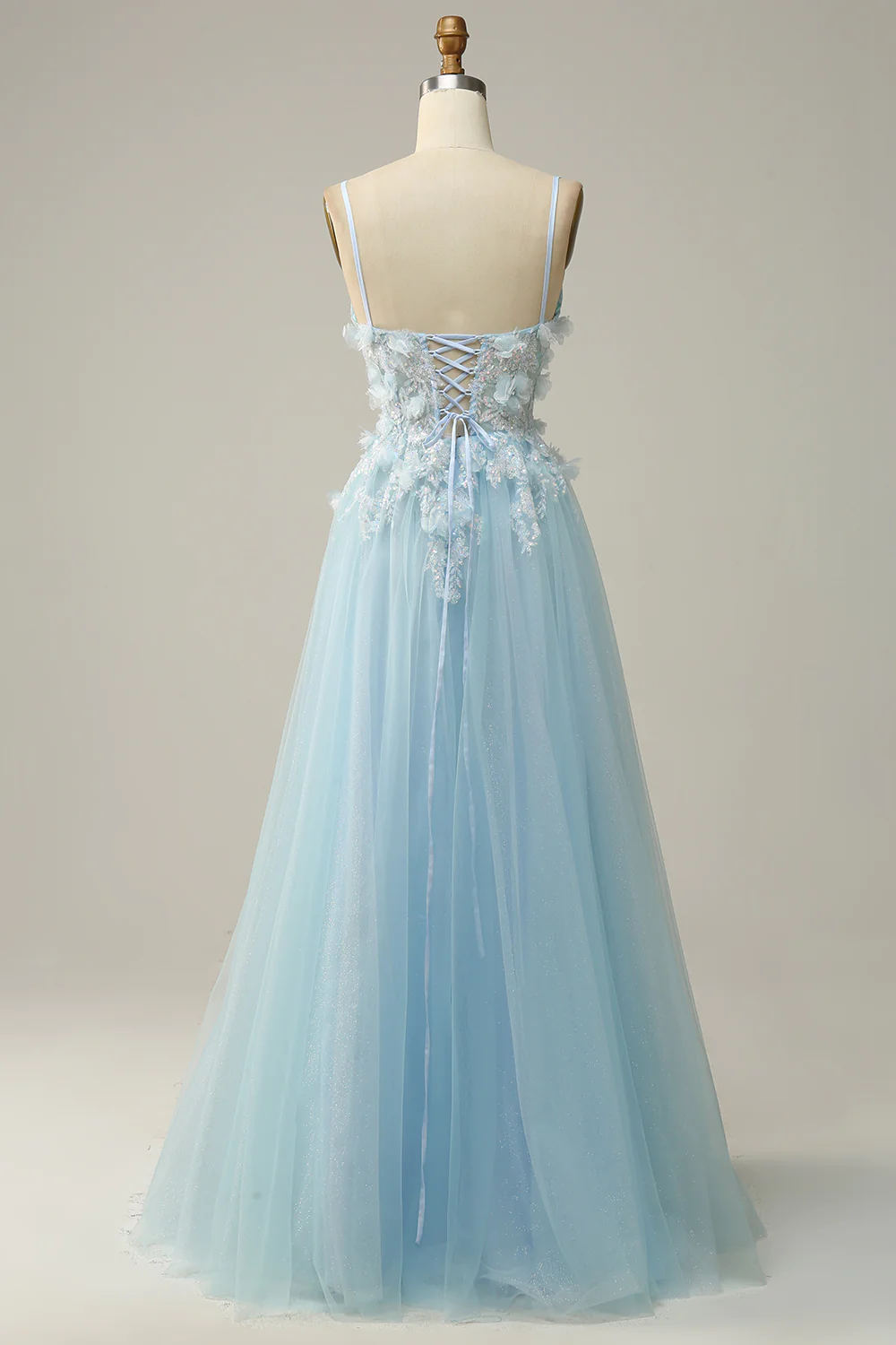 Women Sky Blue Spaghetti Straps A Line Tulle Long Prom Dress Y7032