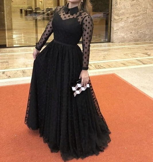 Black A-line Long Sleeves Prom Dress,Black Evening Dress Y5691