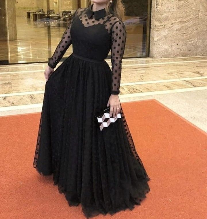 Black A-line Long Sleeves Prom Dress,Black Evening Dress Y5691