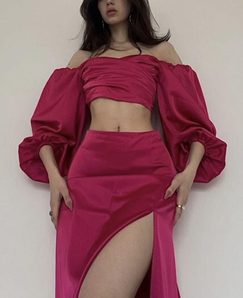 Retro Two Piece Hot Pink Long Prom Dress with Split Y4091