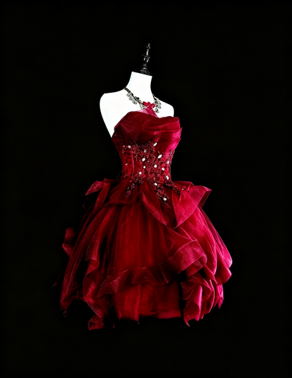 Charming Strapless Tulle Appliques Beaded A Line Short 16th Birthday Outfits,Red Short Graduation Homecoming Dress SP3395