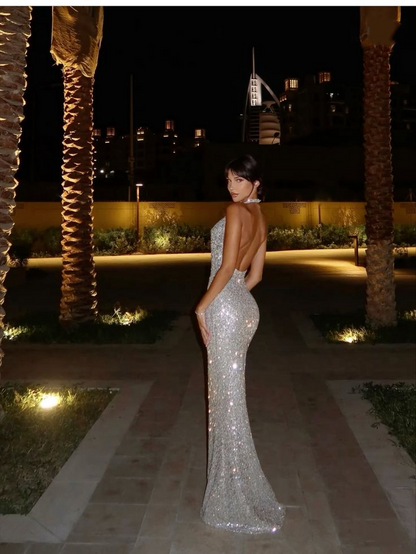 Glitter Silver Halter Sequin Mermaid Long Party Dress Formal Wedding Guest Dress SP1374
