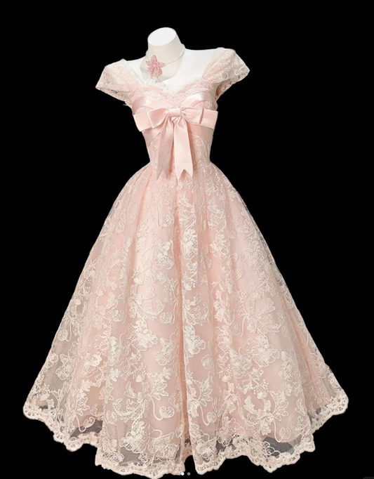 Sweet Pink Lace Long Party Dress Formal 20th Birthday Outfits With Bow SP1917