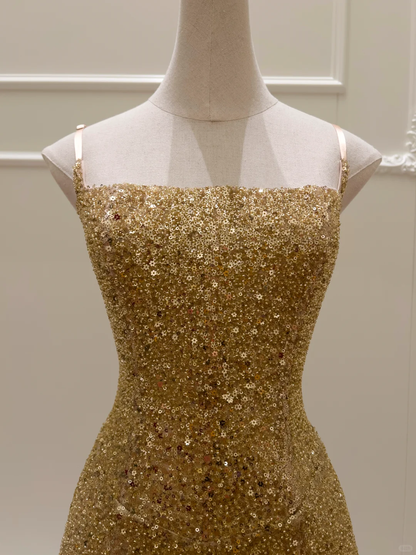 Glitter Gold Spaghetti Straps Sequins Beaded Cocktail Dress Short Graduation Homecoming Dress Y9050