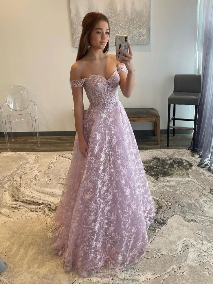 Off Shoulder Lilac Lace Long Prom Dresses, Off the Shoulder Formal Dresses, Lilac Evening Dresses Y5340