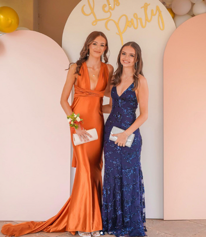 navy blue mermaid tulle and sequins long formal prom dress with v neckline and lace up back Y1563