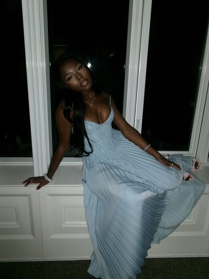 Pretty Blue Lace Satin Pleated Long Birthday Party Dress Spaghetti Straps Long Wedding Guest Dress SP3934